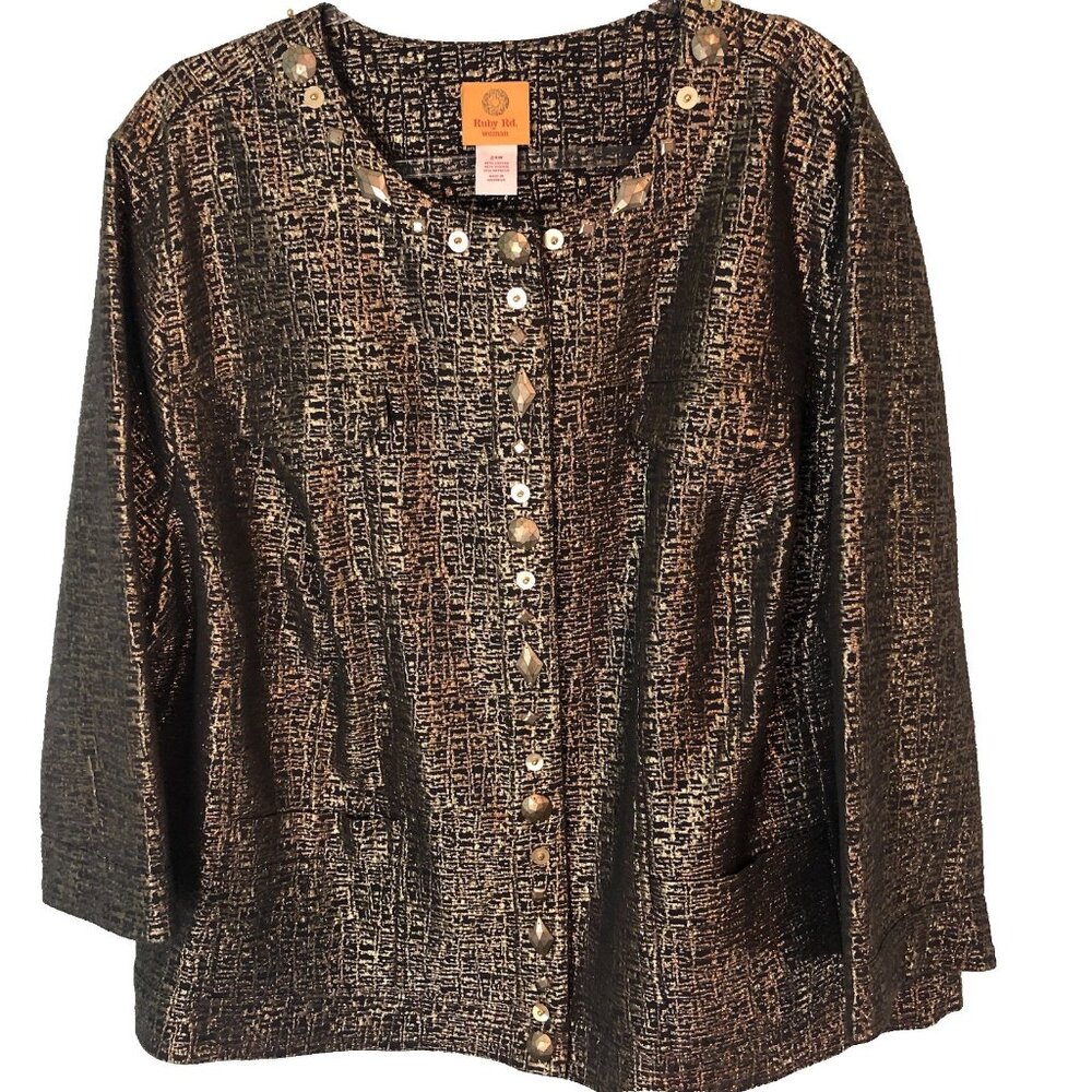 Ruby Rd Womens Studded Jacket Sz 24W Gold Black Metallic Button Front Tailored